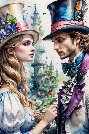 (SLG_YT prompt author) wet watercolor style, Alice in Wonderland embraces the hatter, lovers, summer tenderness, expressive, eyes, cinematic smoothness unreal engine, the smallest details, Watercolor, trending on artstation, sharp focus, studio photo, intricate details, highly detailed, by greg rutkowski