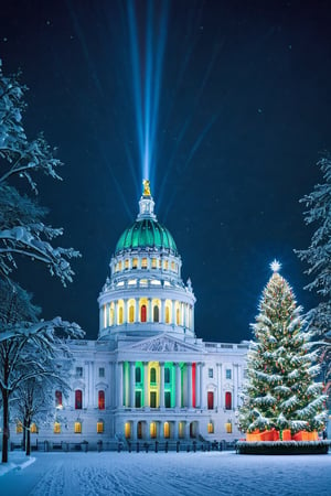 A very beautiful and peaceful photorealistic scene of a snow covered Capital Building with a huge Christmas tree with colored lights in front,Extremely Realistic