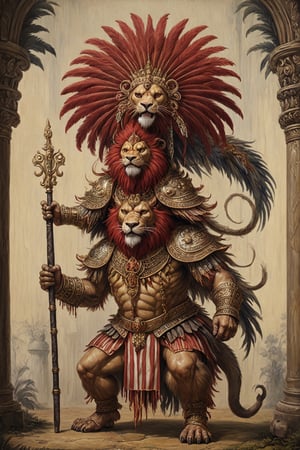 an extraordinaily tall man with teak-colored skin and three sets of arms, wearing a flowing ostrich-feather headdress, his face painted with red stripes, riding an irritated golden lion, two of the six hands holding tightly to the beast's mane