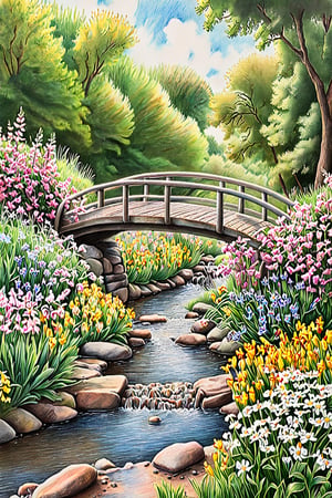 A pastel pencil drawing of a walking bridge over a stream with flowers everywhere