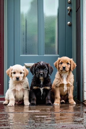 Three wet puppies sitting at the back door waiting to be let in.