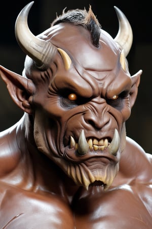 A large muscular humanoid creature with leathery skin, one regular size eye 1.5 in the middle of his forehead, one medium sized horn just above the eye on his forehead, large jagged rotten teeth.