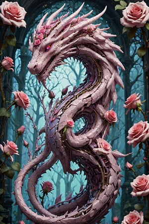 Imagine a dragon with a body entirely composed of intertwining rose blossoms and thorny vines. Its scales shimmer with the delicate hues of blooming roses, while sharp thorns protrude from its sinuous form. Each petal is meticulously crafted, forming intricate patterns that cascade along its body like a living tapestry. Despite its floral appearance, the dragon exudes an aura of power and majesty, scent of roses fills the air, ,Mecha