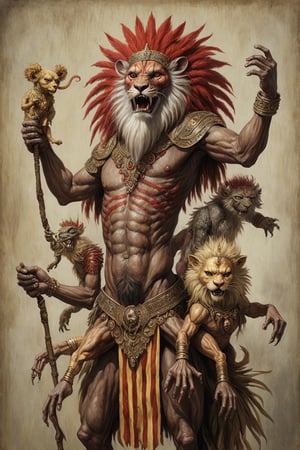 an extraordinaily tall man with teak-colored skin and three sets of arms, wearing a flowing ostrich-feather headdress, his face painted with red stripes, riding an irritated golden lion, two of the six hands holding tightly to the beast's mane