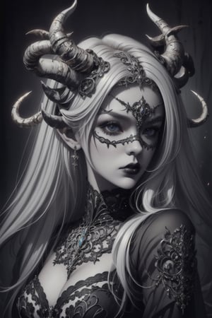 Beautiful photorealistic color image of 1girl,.albino demon little queen, (long intricate horns), a sister clad in gothic punk attire, face concealed behind a striking masquerade mask,themed,photorealistic,Masterpiece,Realistic,dark fantasy