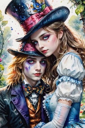 (SLG_YT prompt author) wet watercolor style, Alice in Wonderland embraces the hatter, lovers, summer tenderness, expressive, eyes, cinematic smoothness unreal engine, the smallest details, Watercolor, trending on artstation, sharp focus, studio photo, intricate details, highly detailed, by greg rutkowski