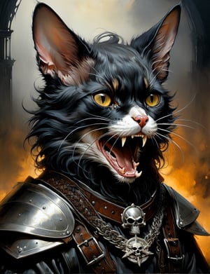 head and shoulders portrait, illustration from graphic novel, detailed shaded colored cartoon of a screaming demonic oni anthropomorphic Cornish Rex, pirate with long black hair, furry body, looking at you. Wearing chainmail on arms, metal breastplate, with a dirty black cloak. A dark striped leather belt, and dented metal helmet. Contrasting colours. Amulet of an skull. Ruined throne room in background. Mist. Grim. Dark Fantasy. Cinematic. Muted colours. Sombre. highly detailed. oil painting, thin and smooth lines, long strokes, light and delicate tones, clear contours, cinematic quality, dark background, dramatic lighting, by Jeremy Mann, Peter Elson, Alex Maleev, Ryohei Hase, Raphael Sanzio, Pino Daheny, Charlie Bowater, Albert Joseph Penot, Ray Caesar, highly detailed, hr giger, gustave dore, Stephen Gammell, masterpiece of layered portrait art, techniques used: sfumato, chiaroscuro, atmospheric perspective