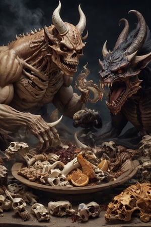 generate hyper realistic images of demons, genies, eating, eating bones, large animal bones. Several demons and genies are eating together. Conveying information that devils and genies really like bones as their food