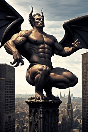 A fierce looking muscular male gargoyle with wings looking down on a gothic style city, photorealistic image