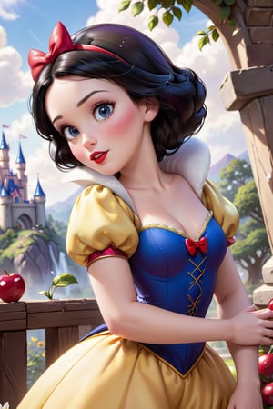 Craft a high-detailed image featuring Snow White, the iconic Disney character. Envision her with intricate details, beautiful features, and set against a perfect backdrop. Request a photo-realistic masterpiece in 32k ultra HDR resolution, capturing the charm and magic of this beloved Disney princess.