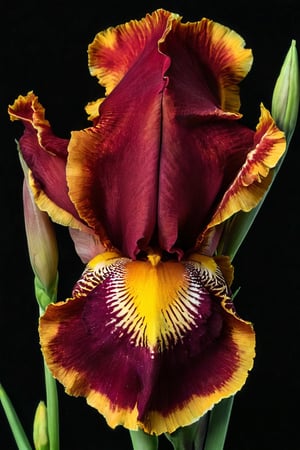 A beautiful Red with yellow center iris view from above with a black background