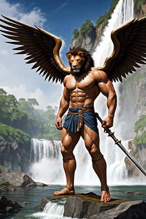 A muscular male Lionman with wings and a large spear standing on a outcropping in front of a magnificent waterfall, Photorealistic quality