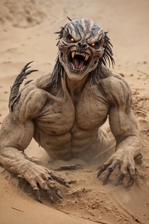 A hideous creature comes up out of the ground in a swirl of sand wild fire like eyes, predator jaws and teeth, clawed hands, muscular body