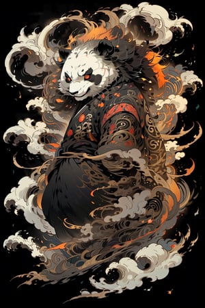 A beautifully drawn (((vintage t-shirt print))), featuring intricate ((retro-inspired typography)) encircling a (((sumi-e ink illustration))) depicting panda, integrating elements of Japanese calligraphy  with black back ground
,MeganFox