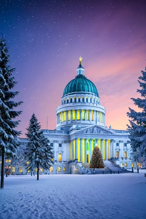 A very beautiful and peaceful photorealistic scene of a snow covered Capital Building with a huge Christmas tree with colored lights in front,Extremely Realistic