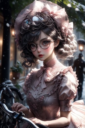 Alluring and hot female, big and perfect eyes, thin and slightly upturned nose, appealing full lips, flirting. Glasses, bicycle helmet, sweet lolita dress, bike. Trending on Artstation, sharp focus, studio photo, intricate details, highly detailed, snow, octane render, 64k, photorealistic concept art, soft natural light, chiaroscuro, masterpiece.,Decora_SWstyle,style