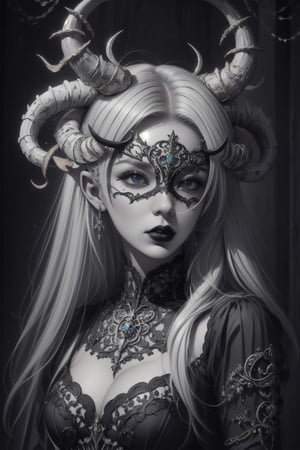1girl,.albino demon little queen, (long intricate horns), a sister clad in gothic punk attire, face concealed behind a striking masquerade mask,themed,white_aesthetics,photorealistic,Masterpiece,Realistic,dark fantasy color image