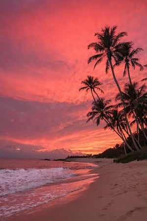 Red sky at night sailors delight, beach with palm trees