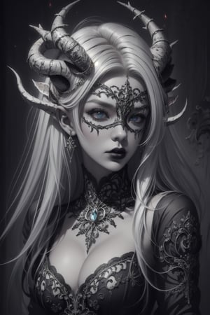 1girl,.albino demon little queen, (long intricate horns), a sister clad in gothic punk attire, face concealed behind a striking masquerade mask,themed,photorealistic,Masterpiece,Realistic,dark fantasy color image