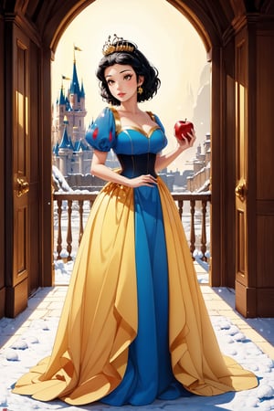 Masterpiece, 8k, 4k, best quality, extremely detailed, intricate, hyper detailed, hyper detailed, perfect face, illustration, cel shading, best quality, (1 girl), (only), (Snow White, the iconic Disney character, (in a castle, flowers, mushrooms, with an apple in her hand), (large breasts, perky breasts), (yellow and blue dress), (full body, standing, facing), (black hair, short hair, golden tiara ),