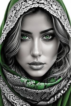 Pencil illustration, black and white, girl adorned with a scarf, her makeup enhancing her features, filigree adding elegance, (((green eyes))), octane rendering, ultra-detailed, hyper-realistic, high quality masterpiece, shadows and textures creating depth and dimension, chiaroscuro effect, intricate details captured in each strand of hair and stitch of the scarf.