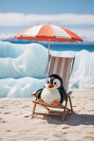 A cute Pixar style penguin sitting in a beach chair under an umbrella on the edge or a glacier