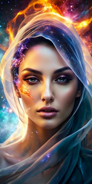 Generate hyper realistic image of a half-angel, half-devil woman veiled in the cosmic ether, where divine radiance and infernal flames intertwine seamlessly. Her presence echoes the harmony of opposing forces, set against a backdrop of swirling galaxies and cosmic energies.