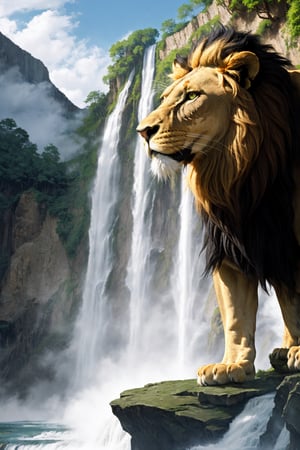 A muscular male Lion being with wings and a large spear standing on a outcropping in front of a magnificent waterfall, Photorealistic quality