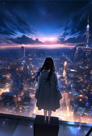 The scene is endlessly beautiful evening darkness transformed into a deep and enchanting night sky, adding a profound beauty to the composition. Looking up at this enchanting vast sky is a woman with beautiful long black hair seen from behind. The city is beautifully illuminated and reflective after the rain. The cartoon-like image retains the ultra-high definition and delicate detail, while the realism and HDR effects bring out the beauty of the evening sky and the vast, beautiful city.

Emphasizes the quality and style of "Hasselblad 500C/M" photography, with an emphasis on capturing the subtle details of her direct view and casual attire in natural outdoor lighting.