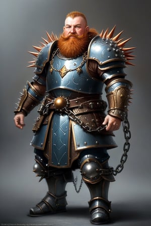 dwarf cleric in full plate armor, (((his weapon has a short chain attached to a spiked ball of hot iron hanging))), elaborate baroque filigree decoration engraved in the armor with copper and iron filigree, epic action pose, devoted hero ,greg rutkowski