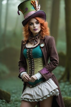 A beautiful woman dressed in the manner of the Mad Hatter and in a fantasy setting