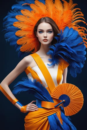 (masterpiece), Slender woman holds a fan of natural orange and blue ostrich feathers in her hand, (she places the open fan of orange and blue ostrich feathers on her waist, as if it were a belt. This highlights her figure and her style), The image has A geometric art style, with simple shapes and solid colors, which give it an elegant and sober look, real and detailed, highlights the color of your eyes, the image must be high impact, the background must be dark and contrast with the figure of the girl, The image must have a high detail resolution of 8k, (full body), (pose of a woman from behind holding her hair), Leonardo Style,A girl dancing,Face makeup,DonMCyb3rSp4c3XL,DonM3l3m3nt4lXL
