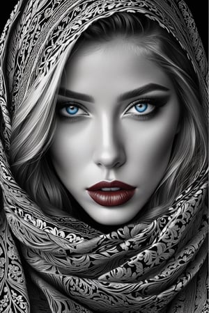 Pencil illustration, black and white, girl adorned with a scarf, her makeup enhancing her features, filigree adding elegance, (((shiny blue eyes, shiny red lips))), octane rendering, ultra-detailed, hyper-realistic, high quality masterpiece, shadows and textures creating depth and dimension, chiaroscuro effect, intricate details captured in each strand of hair and stitch of the scarf.