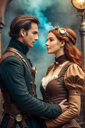 A steampunked Neue Sachlichkeit style, Magical Realism, conceptual art, image of a couple in deep love gazing into each other's eyes, with a Harmonious blend