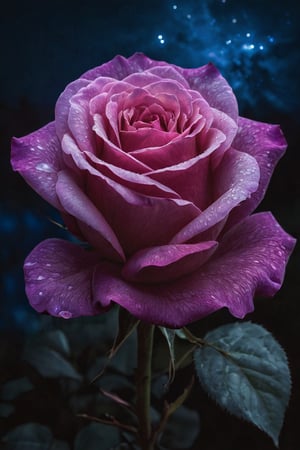 A hauntingly beautiful image of a rose made entirely of energy, glowing brightly in the darkness of the night. The petals emit a mesmerizing and otherworldly light, with shades of violet, blue, and pink. The background is a deep, dark night sky creating a sense of mystery and wonder., cinematic