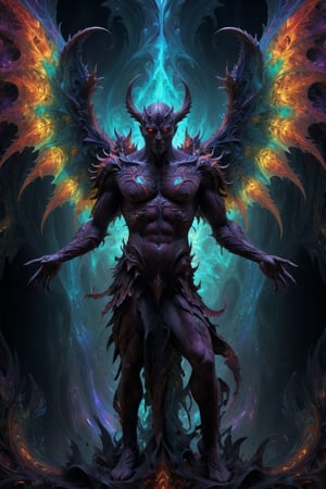 This image shows a man in the form of a demon with angel wings standing full body and with a sinister and obscure background in an abstract 3D fractal style. The demon looks realistic, with intricate details and vibrant colors bringing him to life. The composition of the image is captivating, with the man seemingly emerging from a chaotic and mesmerizing fractal pattern. The 3D fractal style gives the image a unique and surreal feel, making it stand out from other images. The lighting and framing of the image further enhance its beauty, creating a stunning ominous and dark look for viewers to enjoy.