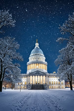 A very beautiful and peaceful photorealistic scene of a snow covered Capital Building at night