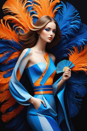 (masterpiece), Slender woman holds a fan of natural orange and blue ostrich feathers in her hand, (she places the open fan of orange and blue ostrich feathers on her waist, as if it were a belt. This highlights her figure and her style), The image has A geometric art style, with simple shapes and solid colors, which give it an elegant and sober look, real and detailed, highlights the color of your eyes, the image must be high impact, the background must be dark and contrast with the figure of the girl, The image must have a high detail resolution of 8k, (full body), (pose of a woman from behind holding her hair), Leonardo Style,A girl dancing,Face makeup,DonMCyb3rSp4c3XL,DonM3l3m3nt4lXL