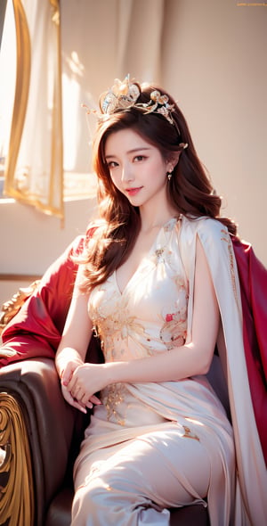 Photo album of Chinese actress Jiang Shuying. 
(masterpiece, best quality), 1girl, solo, (the empress:1.15), platinum blonde, long hair, (red cape), Curtain, white dress, queen dress, aurora, (sunshine, sky, river, forest), expressionless, red eyes, very long hair, (art nouveau:1.2), alphonse mucha, tiara, (face focus, upper body), sit, (red throne:1.12), tiara, crossing legs, highly intricate details, realistic light, smile,Jiang Shu Ying