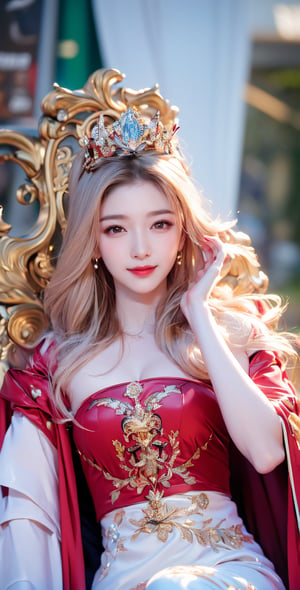 Photo album of Chinese actress Jiang Shuying. 
(masterpiece, best quality), 1girl, solo, (the empress:1.15), platinum blonde, long hair, (red cape), Curtain, white dress, queen dress, aurora, (sunshine, sky, river, forest), expressionless, red eyes, very long hair, (art nouveau:1.2), alphonse mucha, tiara, (face focus, upper body), sit, (red throne:1.12), tiara, crossing legs, highly intricate details, realistic light, smile,Jiang Shu Ying