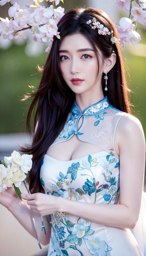 Photo album of Chinese actress Jiang Shuying.
(masterpiece, top quality, best quality, official art, beautiful and aesthetic:1.2), hdr, high contrast, wideshot, 1girl, long black straight hair with bangs, looking at viewer, relaxing expression, clearly brown eyes, longfade eyebrow, soft make up, ombre lips, large breast, hourglass body, finger detailed, BREAK wearing half naked floral cheongsam, holding flower, (smeling flower), (spring season theme:1.5), windy, spring forest background detailed, by KZY, BREAK frosty, ambient lighting, extreme detailed, cinematic shot, realistic ilustration, (soothing tones:1.3), (hyperdetailed:1.2),test