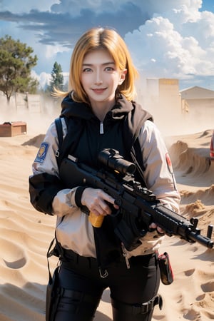 Photo album of Chinese actress Jiang Shuying. 
best quality, (masterpiece:1.2), highly detailed,girl holding (m1911 colt beretta glock acp k100 walther ppk luger parabellum 9x19mm handgun fn five-seven cartridge semi-automatic 45 pistol silencer handgrip stock safety trigger:1.1),(desert), sand,sand background,happy mouth,,1girl,solo,standing,yellow hair,,messy hair,sweat,,outdoors,explosion background,,solo,stormy clouds,storm,sandstorm,guns,gun,rifle,(smirk),tohru,weapon,CallOfDuty, weapon, sexypose, sniper, holding weapon, looking_at_viewer,Jiang Shu Ying