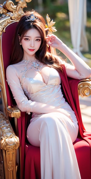 Photo album of Chinese actress Jiang Shuying. 
(masterpiece, best quality), 1girl, solo, (the empress:1.15), platinum blonde, long hair, (red cape), Curtain, white dress, queen dress, aurora, (sunshine, sky, river, forest), expressionless, red eyes, very long hair, (art nouveau:1.2), alphonse mucha, tiara, (face focus, upper body), sit, (red throne:1.12), tiara, crossing legs, highly intricate details, realistic light, smile,Jiang Shu Ying