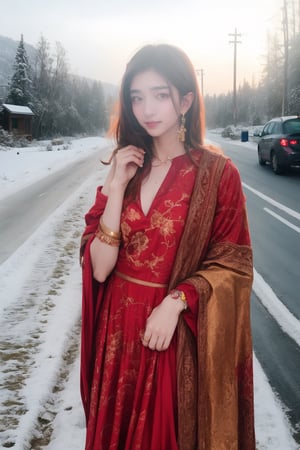 lovely  cute  young  attractive  indian  teenage  girl  in  a  pretty foreign dress,  23  years  old  ,  cute  ,  an  Instagram  model  ,  long  blonde_hair  ,  winter  ,  on the road  .  ,  „  Indian ,Jiang Shu Ying