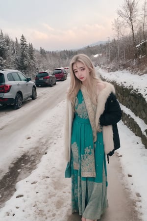 lovely  cute  young  attractive  indian  teenage  girl  in  a  pretty foreign dress,  23  years  old  ,  cute  ,  an  Instagram  model  ,  long  blonde_hair  ,  winter  ,  on the road  .  ,  „  Indian ,Jiang Shu Ying