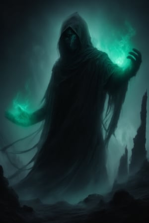 Create a dark and mysterious figure standing in a desolate rocky landscape at night. The figure is cloaked in flowing, tattered black robes and wears a plague doctor's mask with glowing, piercing eyes. In one hand, the figure conjures a glowing green, ethereal flame, casting an eerie light that contrasts against the surrounding shadows. The atmosphere should be ominous and foreboding, with deep greens and blacks dominating the color palette, and jagged, craggy rock formations in the background