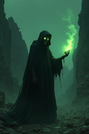 Create a dark and mysterious figure standing in a desolate rocky landscape at night. The figure is cloaked in flowing, tattered black robes and wears a plague doctor's mask with glowing, piercing eyes. In one hand, the figure conjures a glowing green, ethereal flame, casting an eerie light that contrasts against the surrounding shadows. The atmosphere should be ominous and foreboding, with deep greens and blacks dominating the color palette, and jagged, craggy rock formations in the background