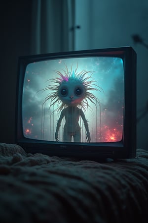 A surreal nightmare unfolds on a darkened TV screen. A centered white noodle beast looms large, its 'fish-eye' gaze piercing through a haze of vibrant, prismatic glittering rainbow colors. The air is thick with dread as an upside-down alien face, adorned with feathers and strings attached to a mannequin puppet, appears to be manipulated by unseen forces. In the background, a terrifying, evil, deep, dreadful, scary disaster unfolds in extreme detail, rendered in 4K, 8K, or highest crisp resolution for maximum hyper-realism.