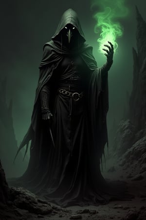 Create a dark and mysterious figure standing in a desolate rocky landscape at night. The figure is cloaked in flowing, tattered black robes and wears a plague doctor's mask with glowing, piercing eyes. In one hand, the figure conjures a glowing green, ethereal flame, casting an eerie light that contrasts against the surrounding shadows. The atmosphere should be ominous and foreboding, with deep greens and blacks dominating the color palette, and jagged, craggy rock formations in the background