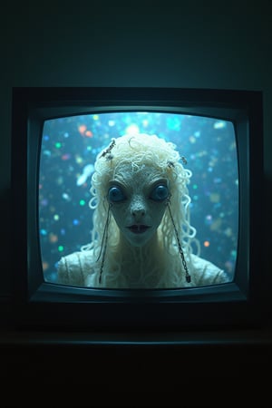 A surreal nightmare unfolds on a darkened TV screen. A centered white noodle beast looms large, its 'fish-eye' gaze piercing through a haze of vibrant, prismatic glittering rainbow colors. The air is thick with dread as an upside-down alien face, adorned with feathers and strings attached to a mannequin puppet, appears to be manipulated by unseen forces. In the background, a terrifying, evil, deep, dreadful, scary disaster unfolds in extreme detail, rendered in 4K, 8K, or highest crisp resolution for maximum hyper-realism.